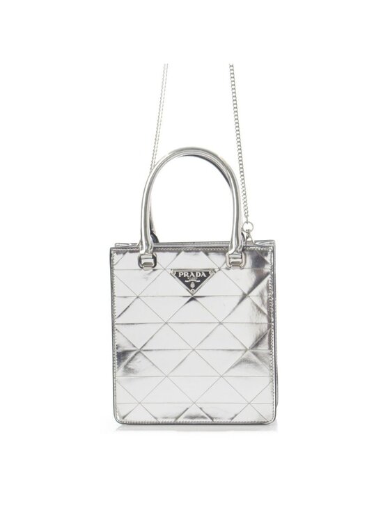 Prada Handbags - Prada Leather Triangle Logo Mini Chain Shoulder Bag Silver